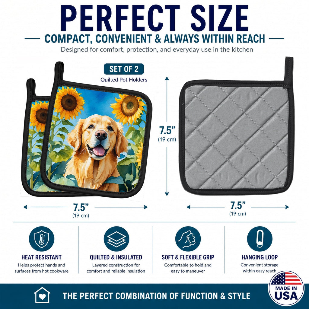 Golden Retriever in Sunflowers Pot Holder Set of 2 Heat Resistant Quilted Hot Pads 7.5 x 7.5 Inch, Insulated Kitchen Trivets for Cooking & Baking