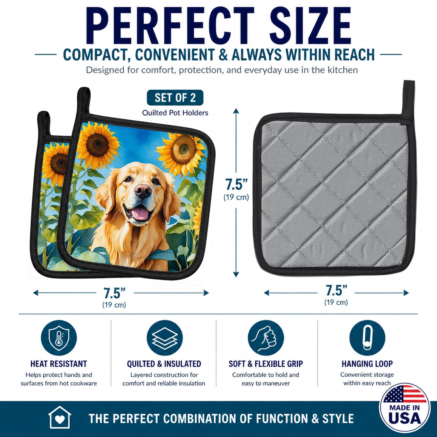 Golden Retriever in Sunflowers Pot Holder Set of 2 Heat Resistant Quilted Hot Pads 7.5 x 7.5 Inch, Insulated Kitchen Trivets for Cooking & Baking