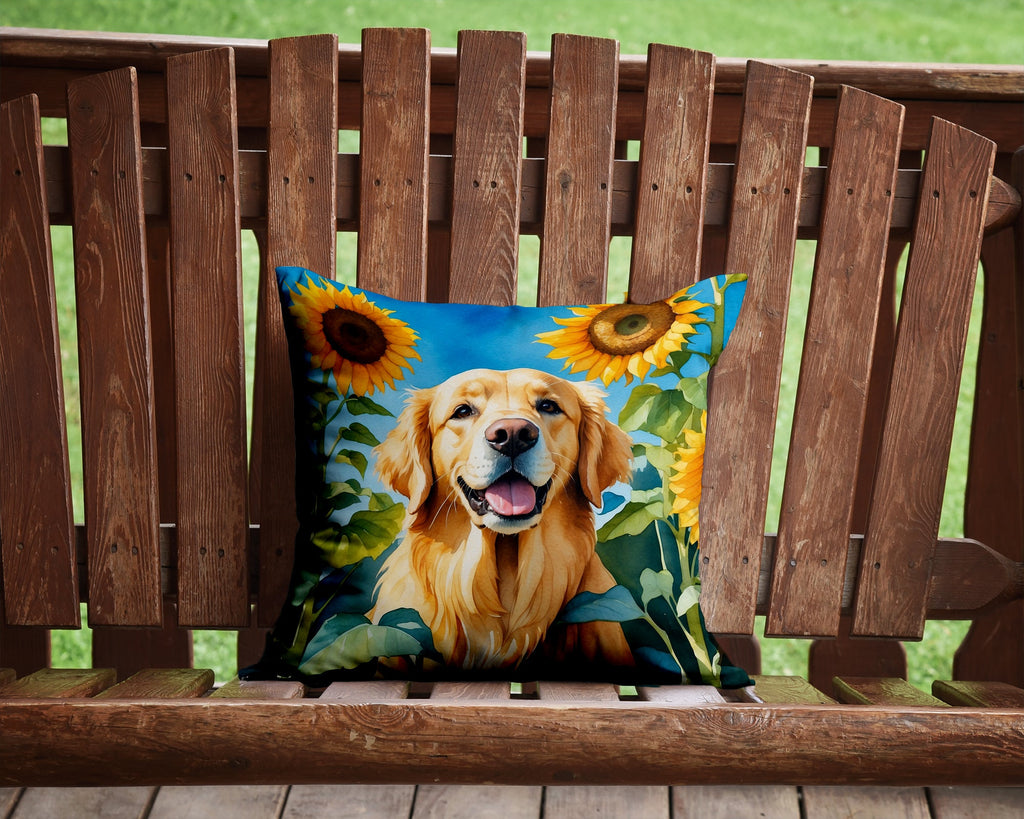 Golden Retriever in Sunflowers Decorative Throw Pillow 14x14 Indoor Outdoor Accent Cushion, Fabric Cover with Insert for Sofa, Bed, Porch & Living Room