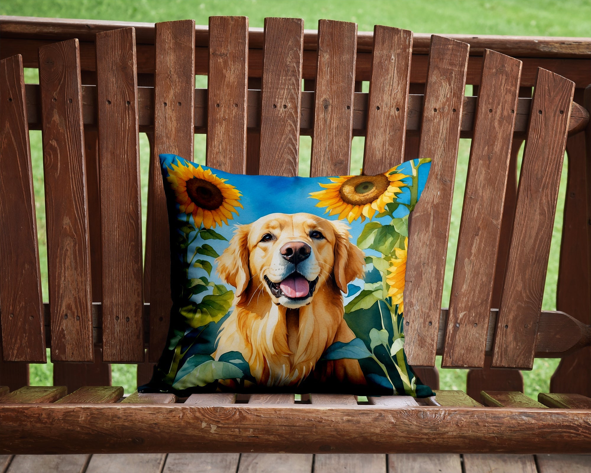Golden Retriever in Sunflowers Decorative Throw Pillow 14x14 Indoor Outdoor Accent Cushion, Fabric Cover with Insert for Sofa, Bed, Porch & Living Room