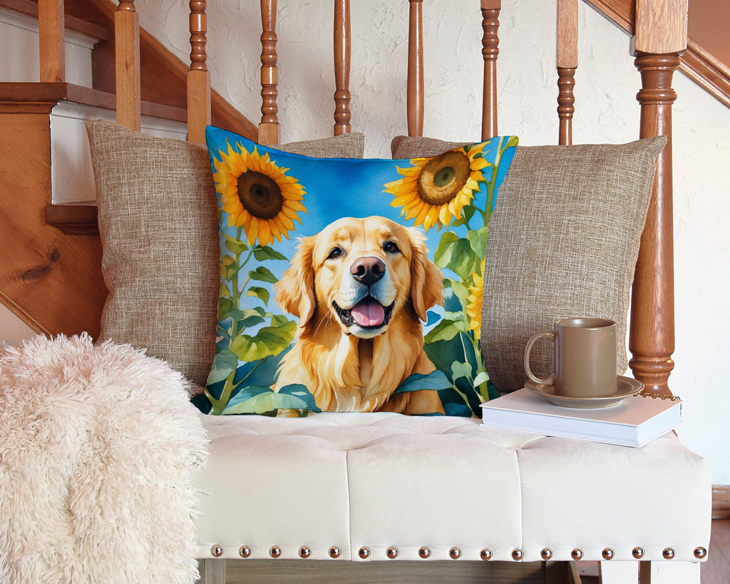 Golden Retriever in Sunflowers Decorative Throw Pillow 14x14 Indoor Outdoor Accent Cushion, Fabric Cover with Insert for Sofa, Bed, Porch & Living Room