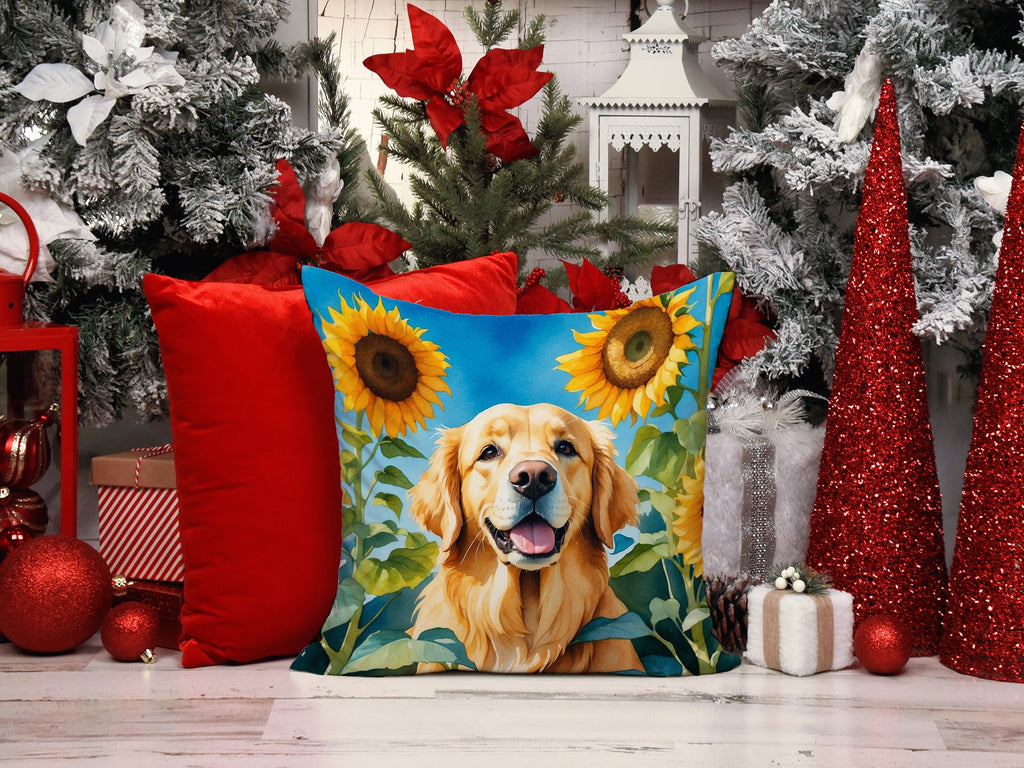Golden Retriever in Sunflowers Decorative Throw Pillow 14x14 Indoor Outdoor Accent Cushion, Fabric Cover with Insert for Sofa, Bed, Porch & Living Room