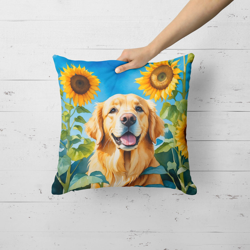 Golden Retriever in Sunflowers Decorative Throw Pillow 18x18 Indoor Outdoor Accent Cushion, Fabric Cover with Insert for Sofa, Bed, Porch & Living Room
