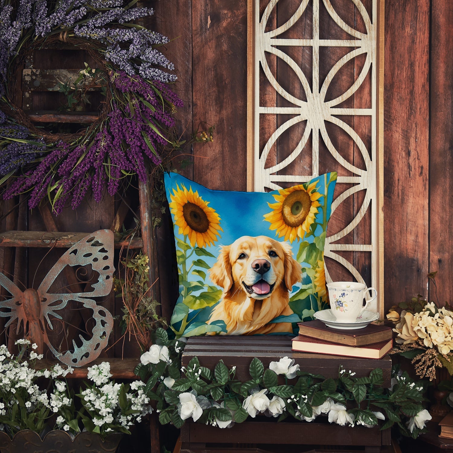 Golden Retriever in Sunflowers Decorative Throw Pillow 18x18 Indoor Outdoor Accent Cushion, Fabric Cover with Insert for Sofa, Bed, Porch & Living Room