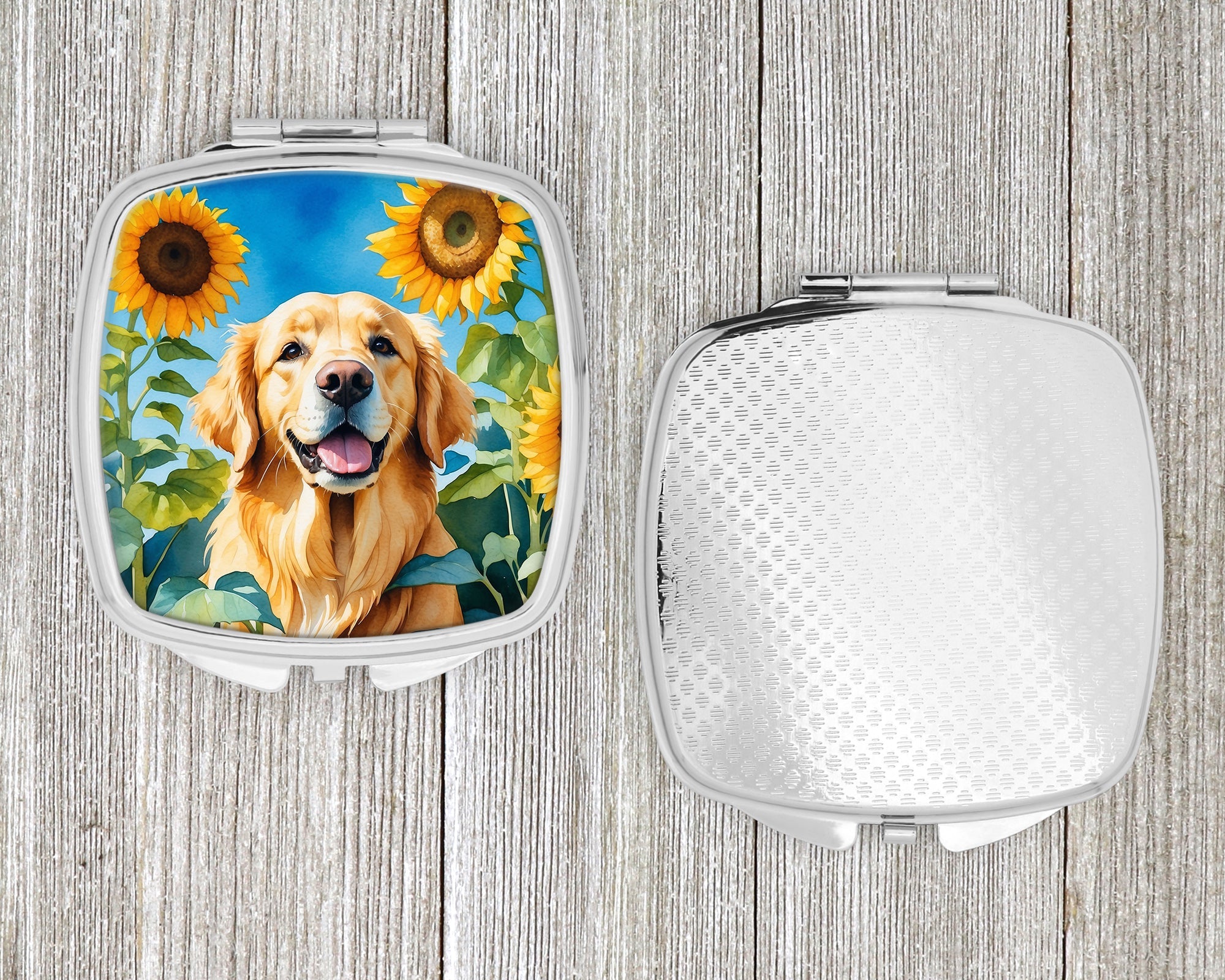 Golden Retriever in Sunflowers Compact Mirror Decorative Travel Makeup Mirror for Women Girls Gifts Pocket Makeup Mirror Folding Handheld