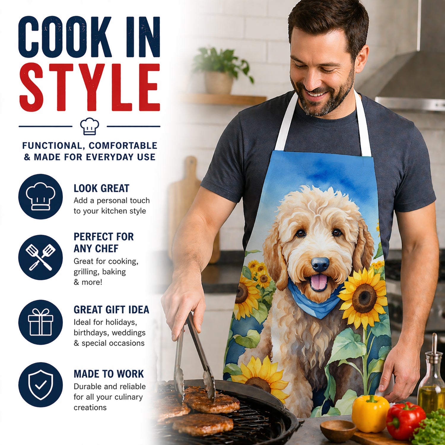 Goldendoodle in Sunflowers Apron Cooking Kitchen Server Baking Crafts Gardening for Adult Women Men, Unisex, Large, Multicolor