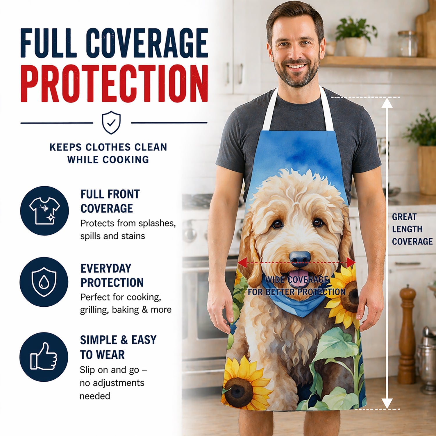 Goldendoodle in Sunflowers Apron Cooking Kitchen Server Baking Crafts Gardening for Adult Women Men, Unisex, Large, Multicolor