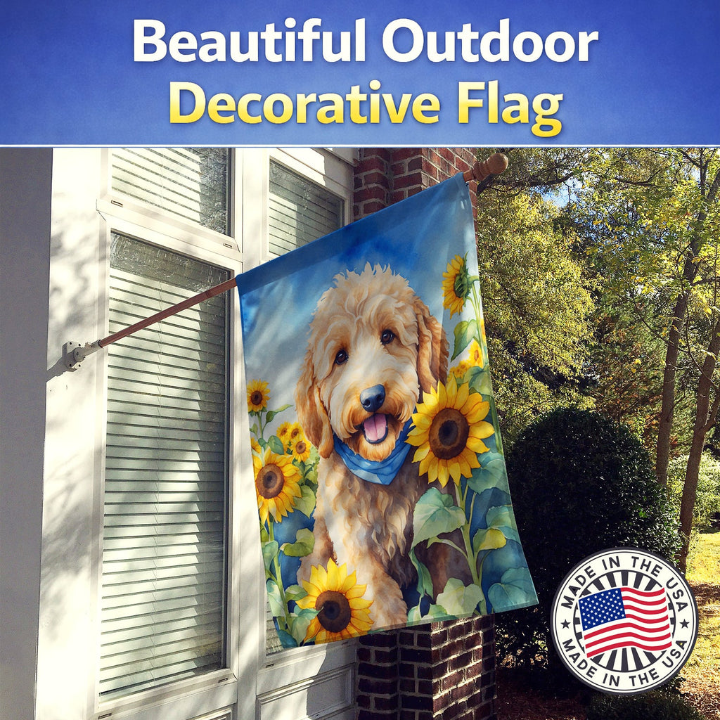 Goldendoodle in Sunflowers House Flag 28x40 Porch Sleeve Pole Decorative Outside Yard Banner Artwork Wall Hanging, Polyester