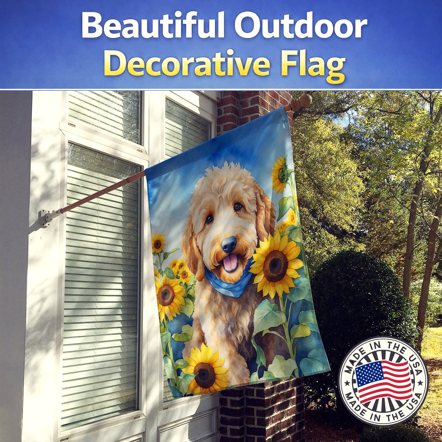 Goldendoodle in Sunflowers House Flag 28x40 Porch Sleeve Pole Decorative Outside Yard Banner Artwork Wall Hanging, Polyester