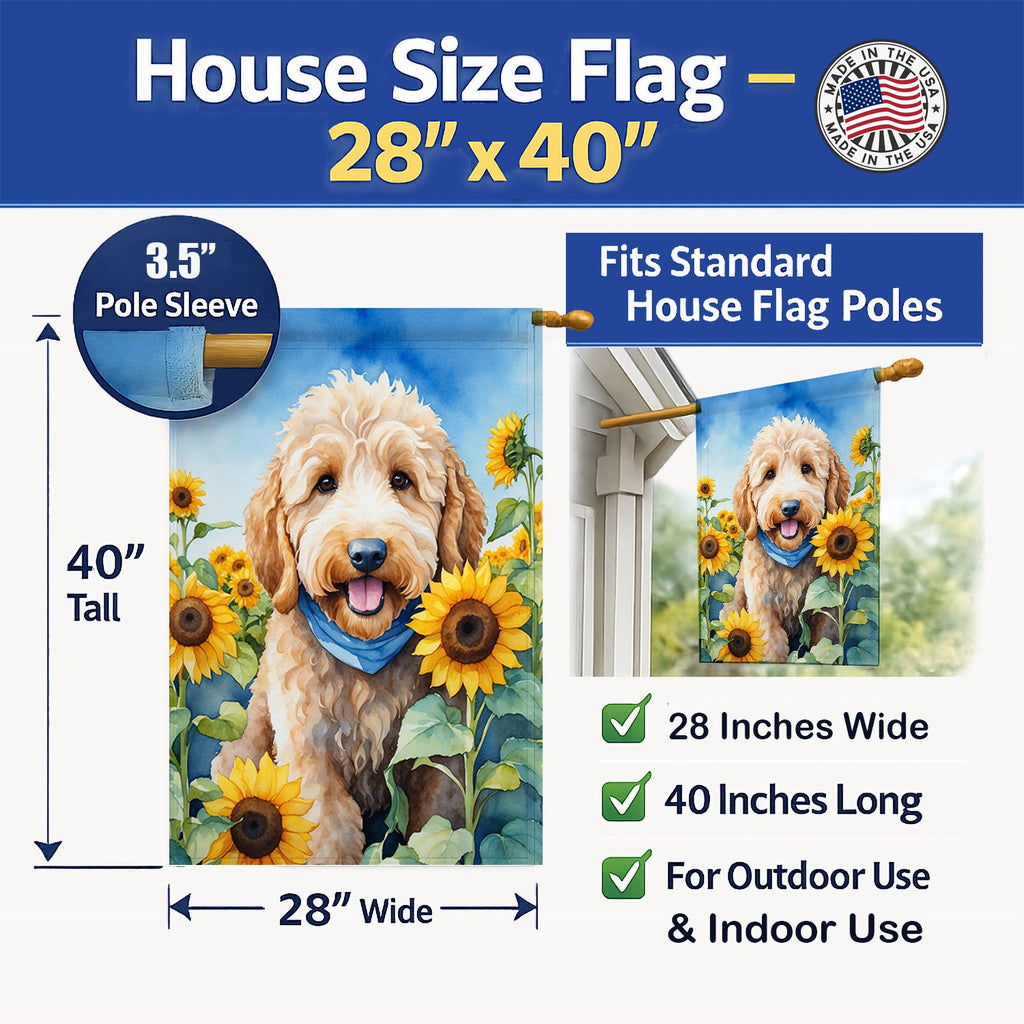 Goldendoodle in Sunflowers House Flag 28x40 Porch Sleeve Pole Decorative Outside Yard Banner Artwork Wall Hanging, Polyester