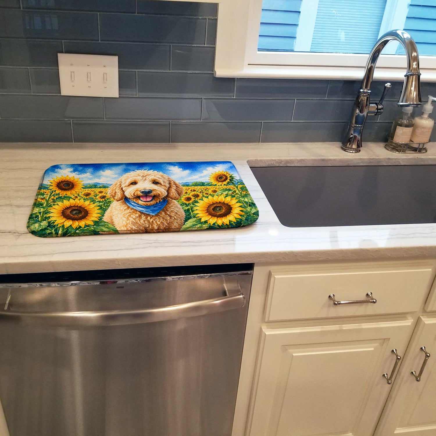 Goldendoodle in Sunflowers Dish Drying Mat Absorbent Dish Drying Mat Pad for Kitchen Counter Dish Drainer Mat for Countertop, 14 x 21", Multicolor