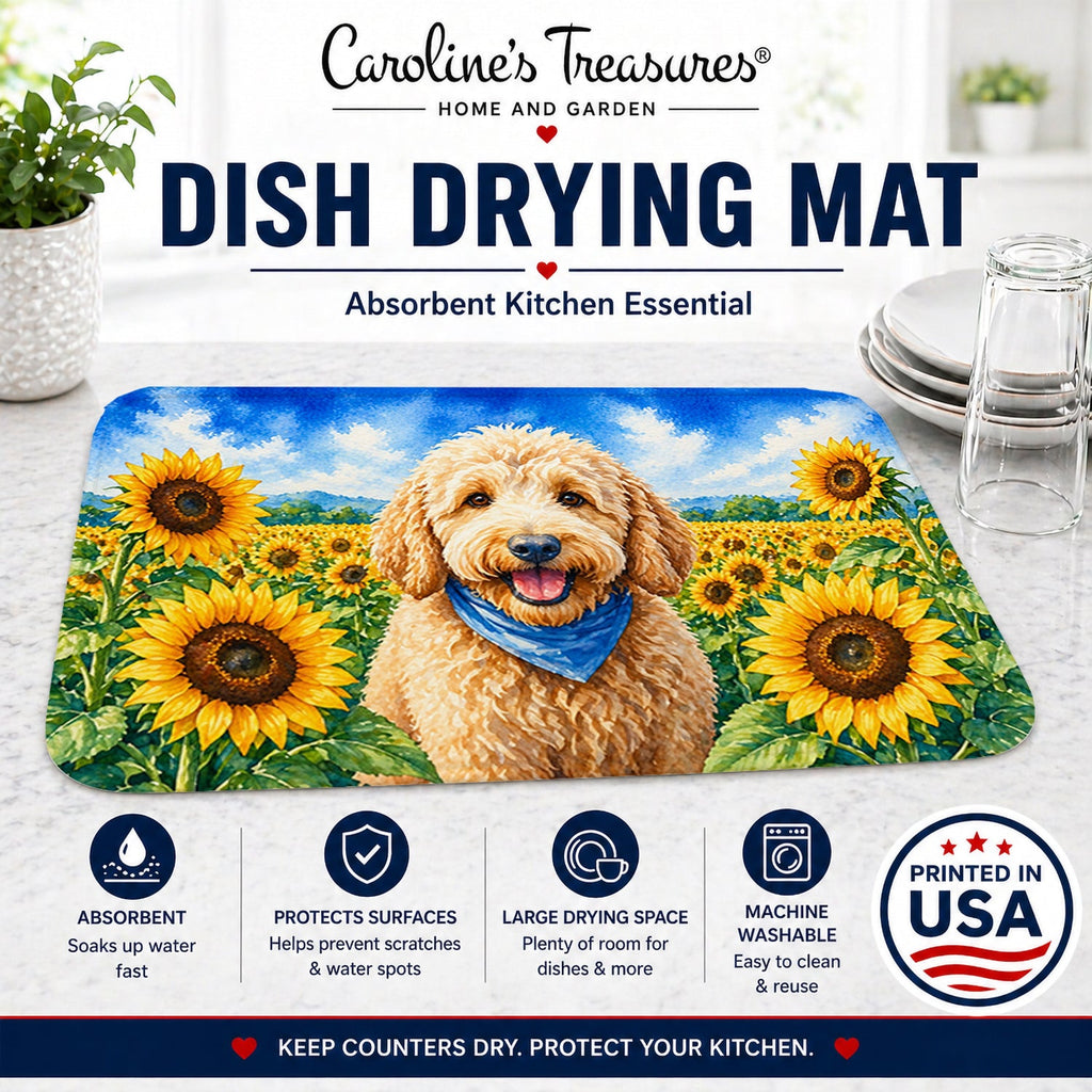 Goldendoodle in Sunflowers Dish Drying Mat Absorbent Dish Drying Mat Pad for Kitchen Counter Dish Drainer Mat for Countertop, 14 x 21", Multicolor