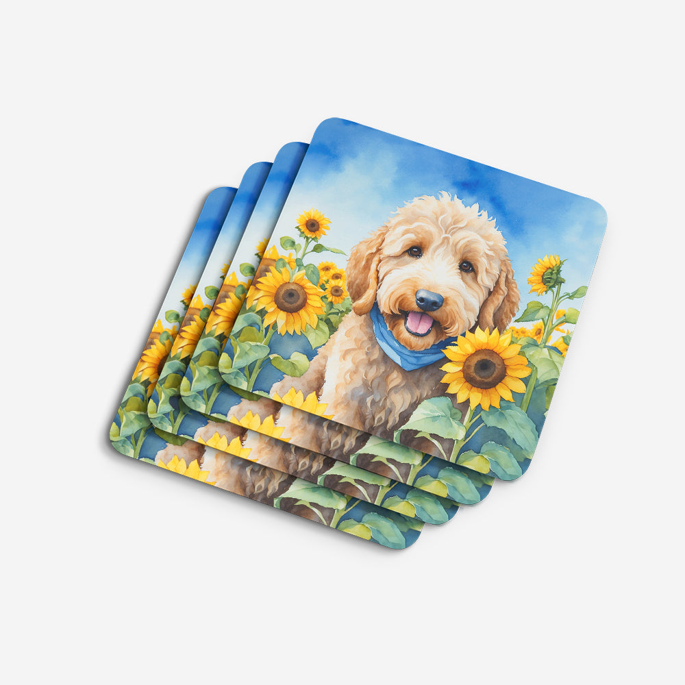Goldendoodle in Sunflowers Foam Coasters Set of 4 Cup Coasters for Indoor Outdoor, Tabletop Protection, Anti Slip, Mouse pad Material