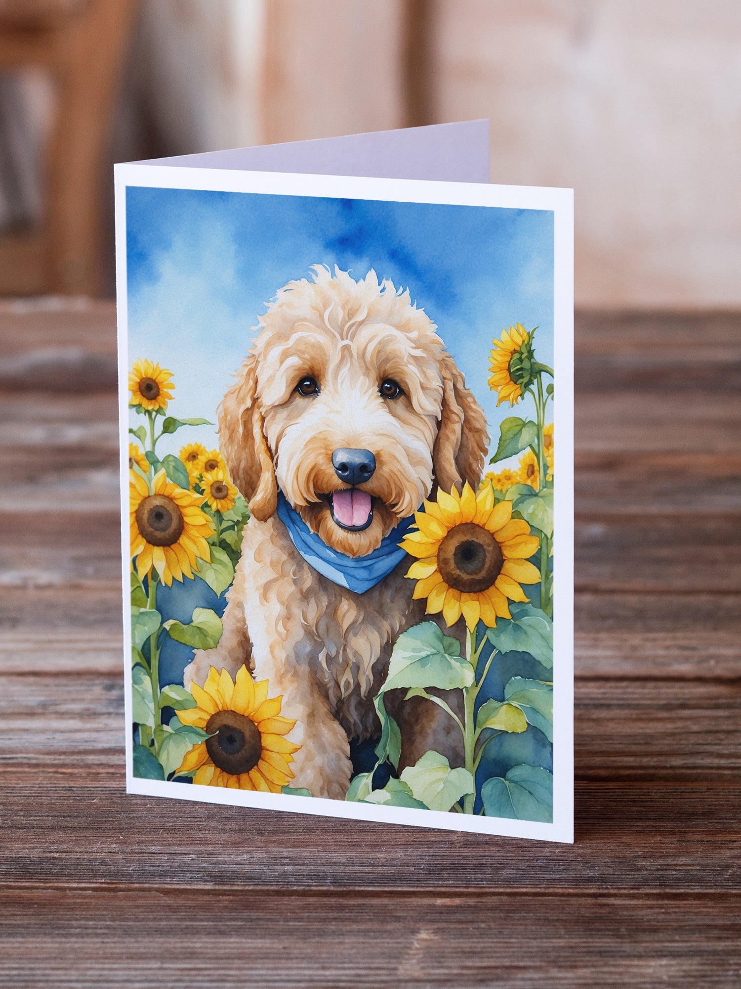 Goldendoodle in Sunflowers Greeting Cards Pack of 8 Blank Cards with Envelopes Whimsical A7 Size 5x7