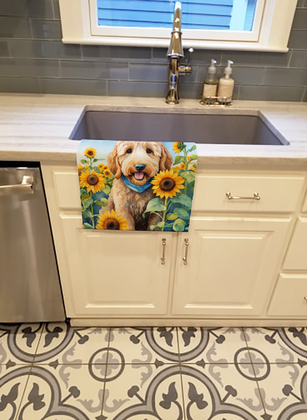 Goldendoodle in Sunflowers Kitchen Towel Velour Plush Front and Cotton Loop Back Machine Washable