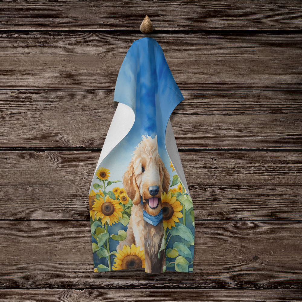 Goldendoodle in Sunflowers Kitchen Towel Velour Plush Front and Cotton Loop Back Machine Washable
