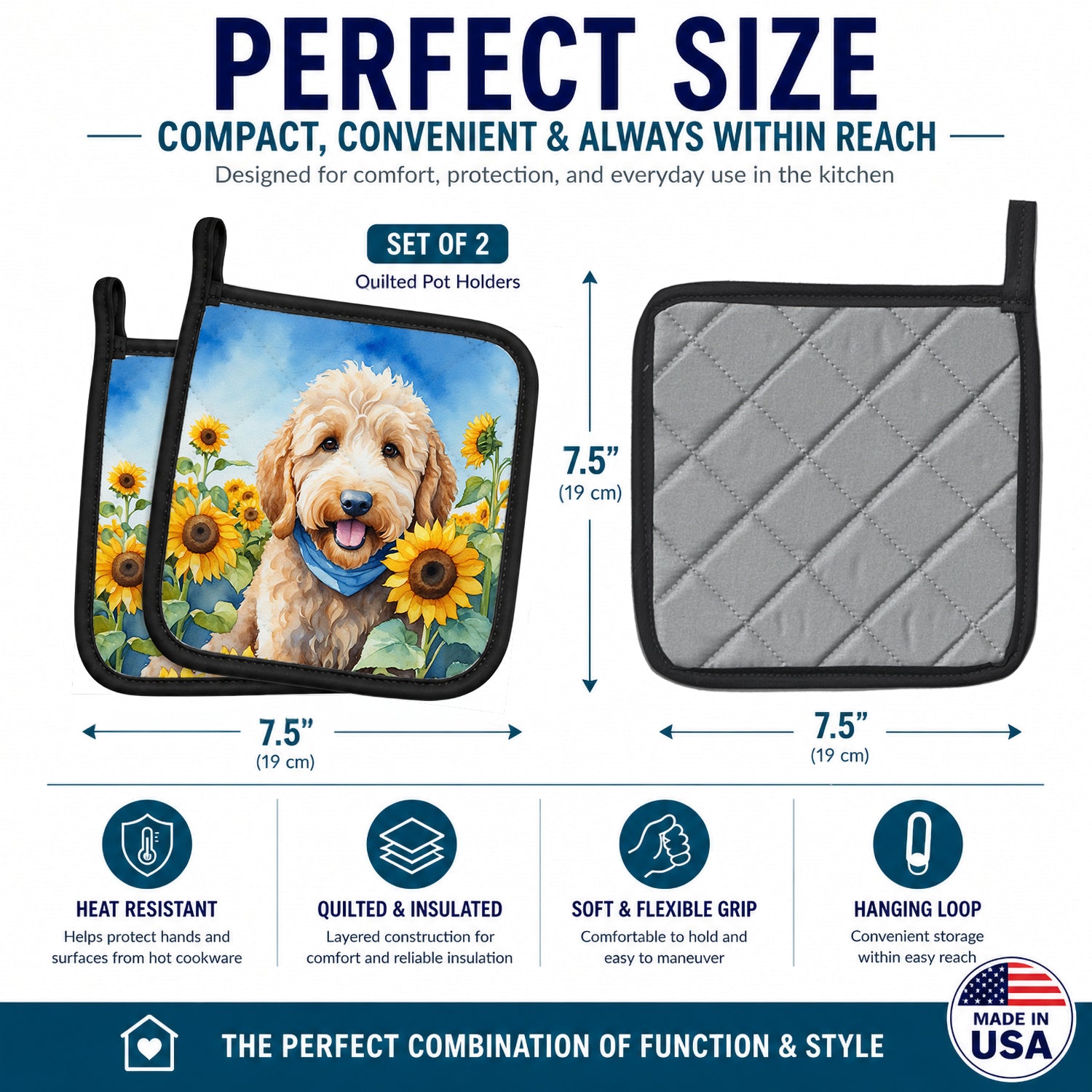 Goldendoodle in Sunflowers Pot Holder Set of 2 Heat Resistant Quilted Hot Pads 7.5 x 7.5 Inch, Insulated Kitchen Trivets for Cooking & Baking