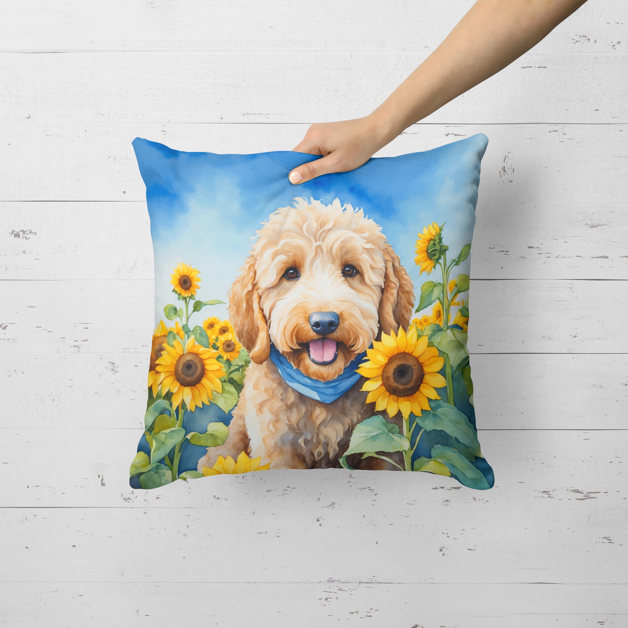 Goldendoodle in Sunflowers Decorative Throw Pillow 18x18 Indoor Outdoor Accent Cushion, Fabric Cover with Insert for Sofa, Bed, Porch & Living Room
