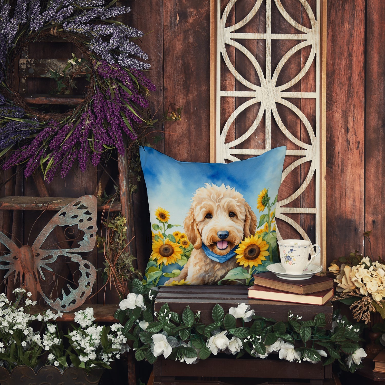 Goldendoodle in Sunflowers Decorative Throw Pillow 18x18 Indoor Outdoor Accent Cushion, Fabric Cover with Insert for Sofa, Bed, Porch & Living Room