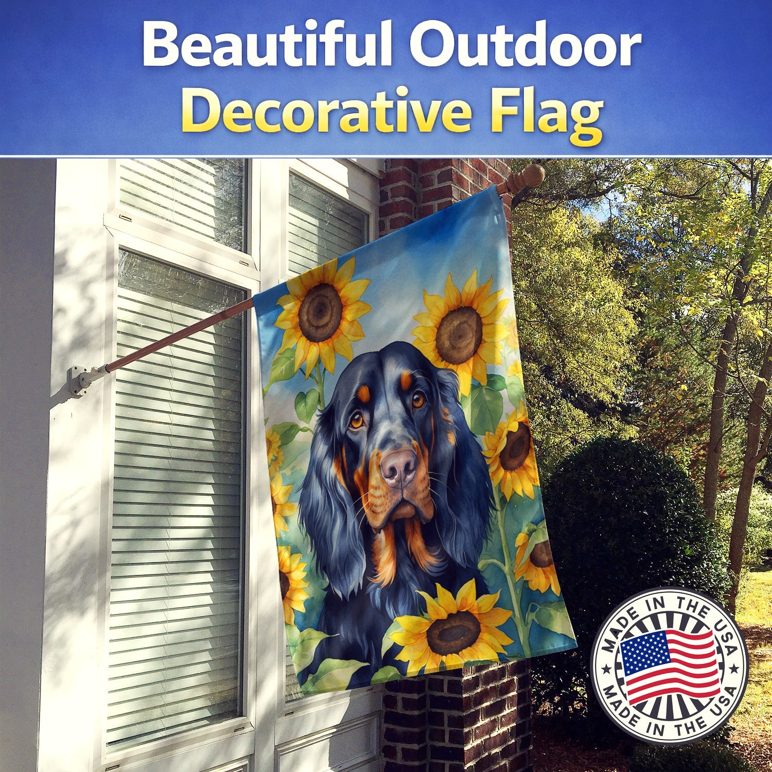 Gordon Setter in Sunflowers House Flag 28x40 Porch Sleeve Pole Decorative Outside Yard Banner Artwork Wall Hanging, Polyester