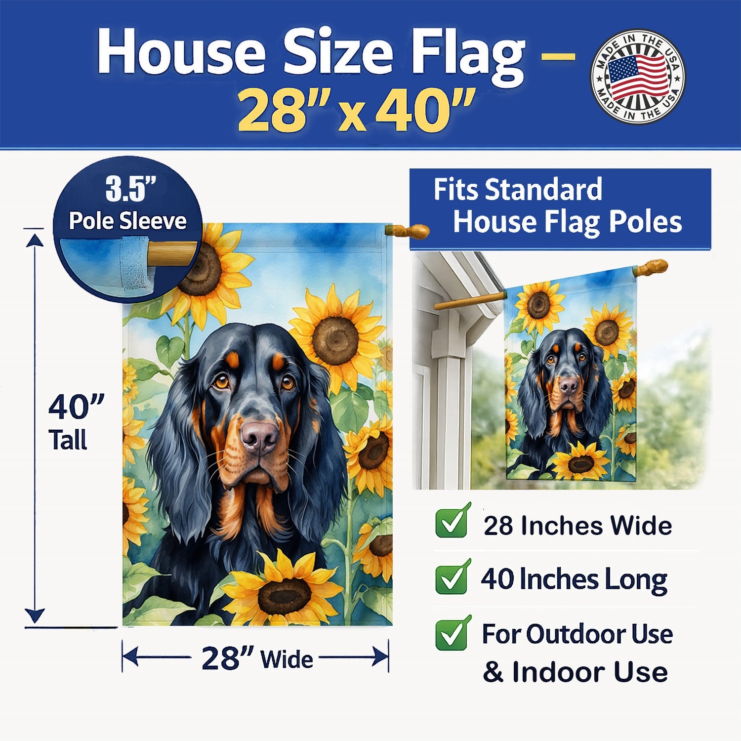 Gordon Setter in Sunflowers House Flag 28x40 Porch Sleeve Pole Decorative Outside Yard Banner Artwork Wall Hanging, Polyester