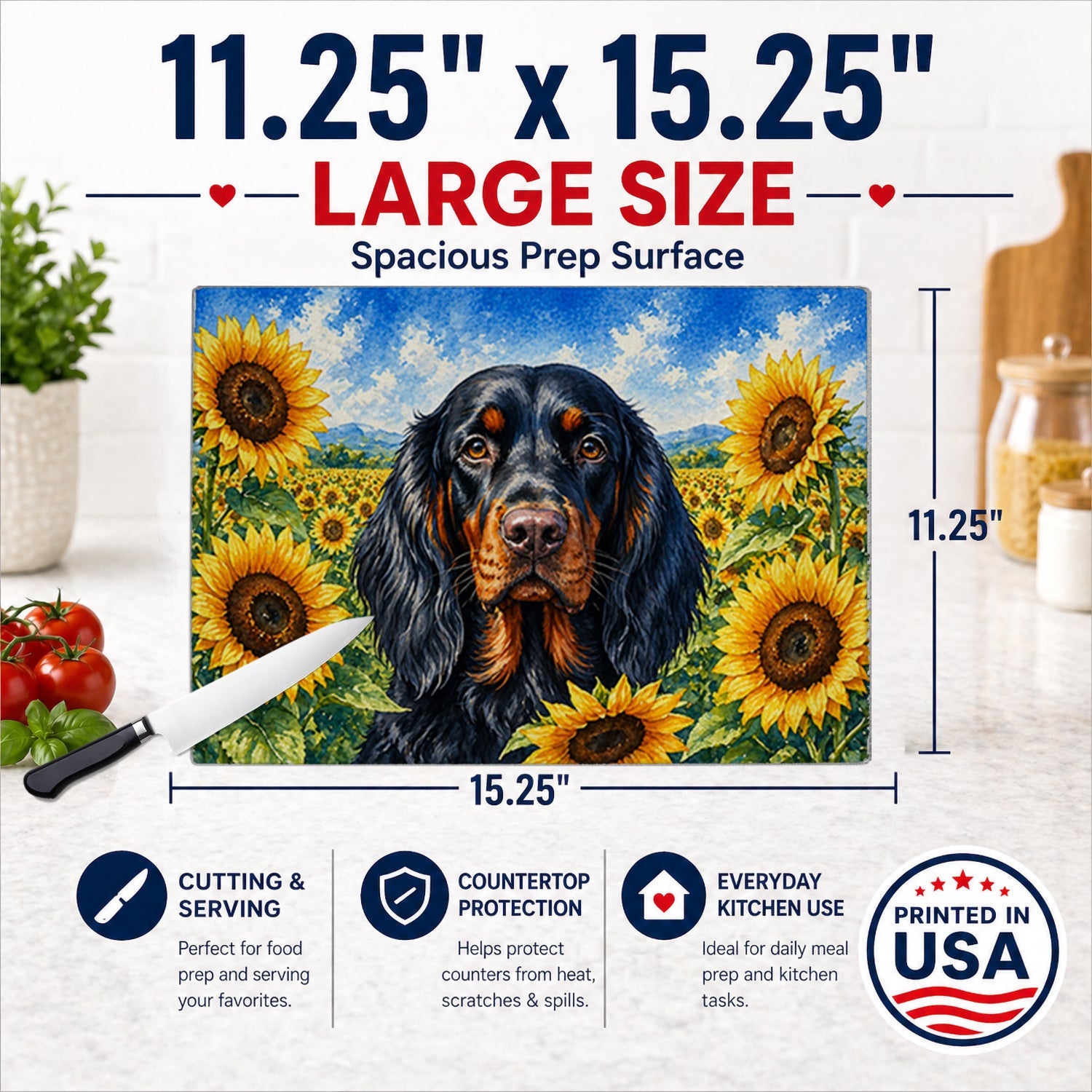 Gordon Setter in Sunflowers Cutting Board Tempered Glass Kitchen Cutting Surface, Heat Resistant Chopping Board with Non-Slip Feet, Decorative Food Prep & Serving