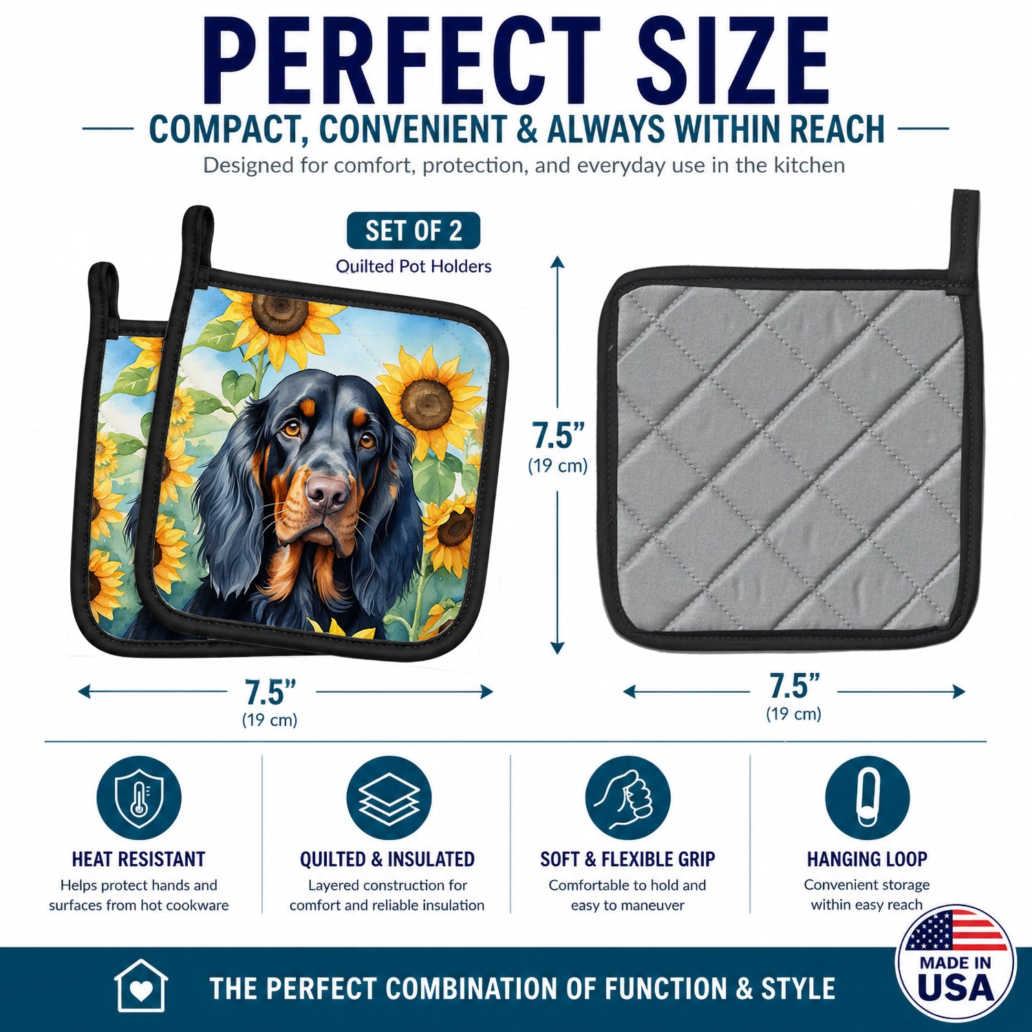 Gordon Setter in Sunflowers Pot Holder Set of 2 Heat Resistant Quilted Hot Pads 7.5 x 7.5 Inch, Insulated Kitchen Trivets for Cooking & Baking