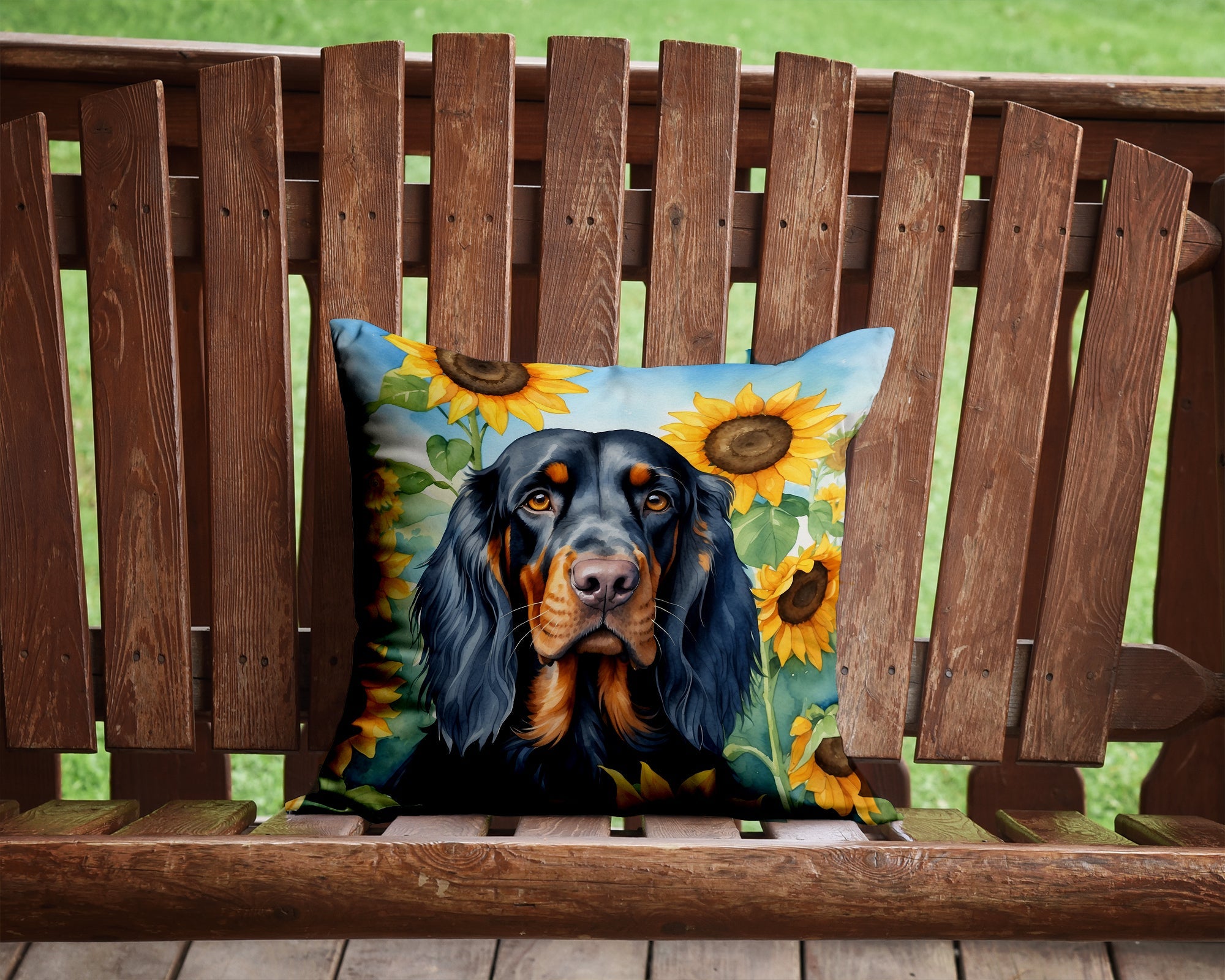 Gordon Setter in Sunflowers Decorative Throw Pillow 14x14 Indoor Outdoor Accent Cushion, Fabric Cover with Insert for Sofa, Bed, Porch & Living Room