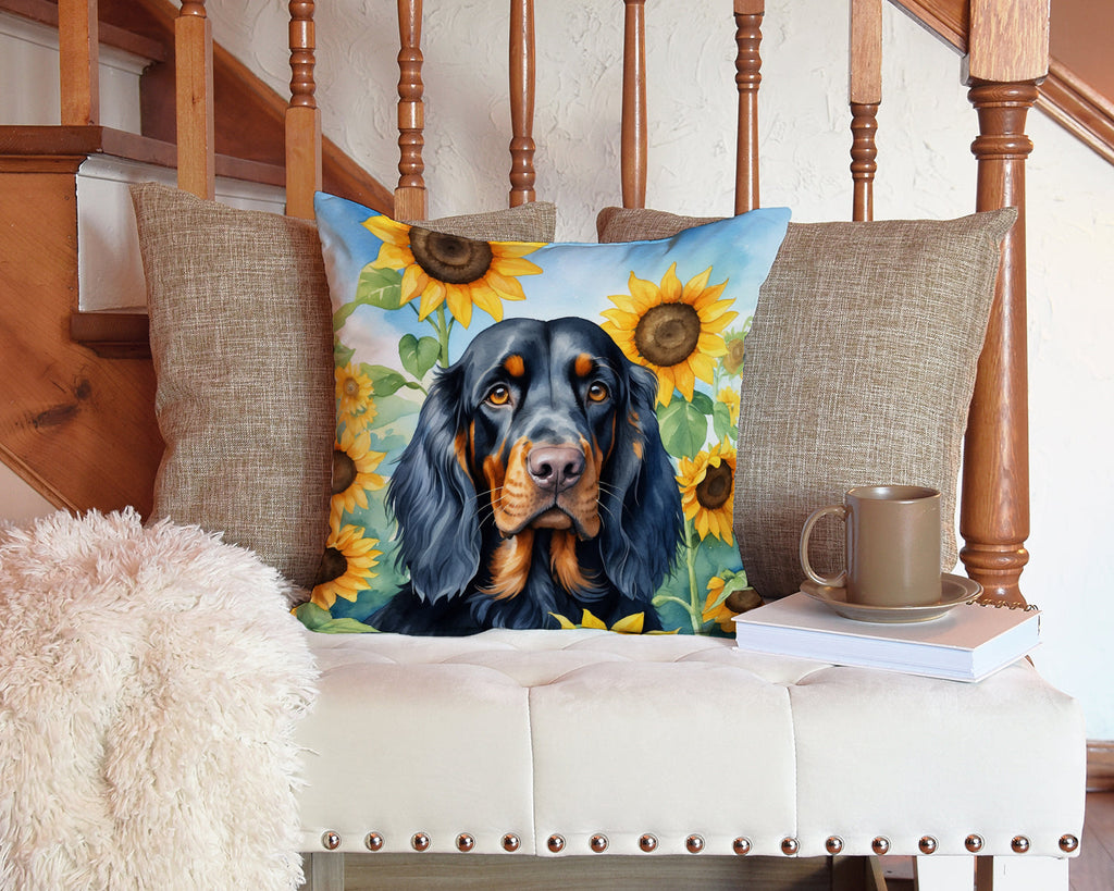 Gordon Setter in Sunflowers Decorative Throw Pillow 14x14 Indoor Outdoor Accent Cushion, Fabric Cover with Insert for Sofa, Bed, Porch & Living Room