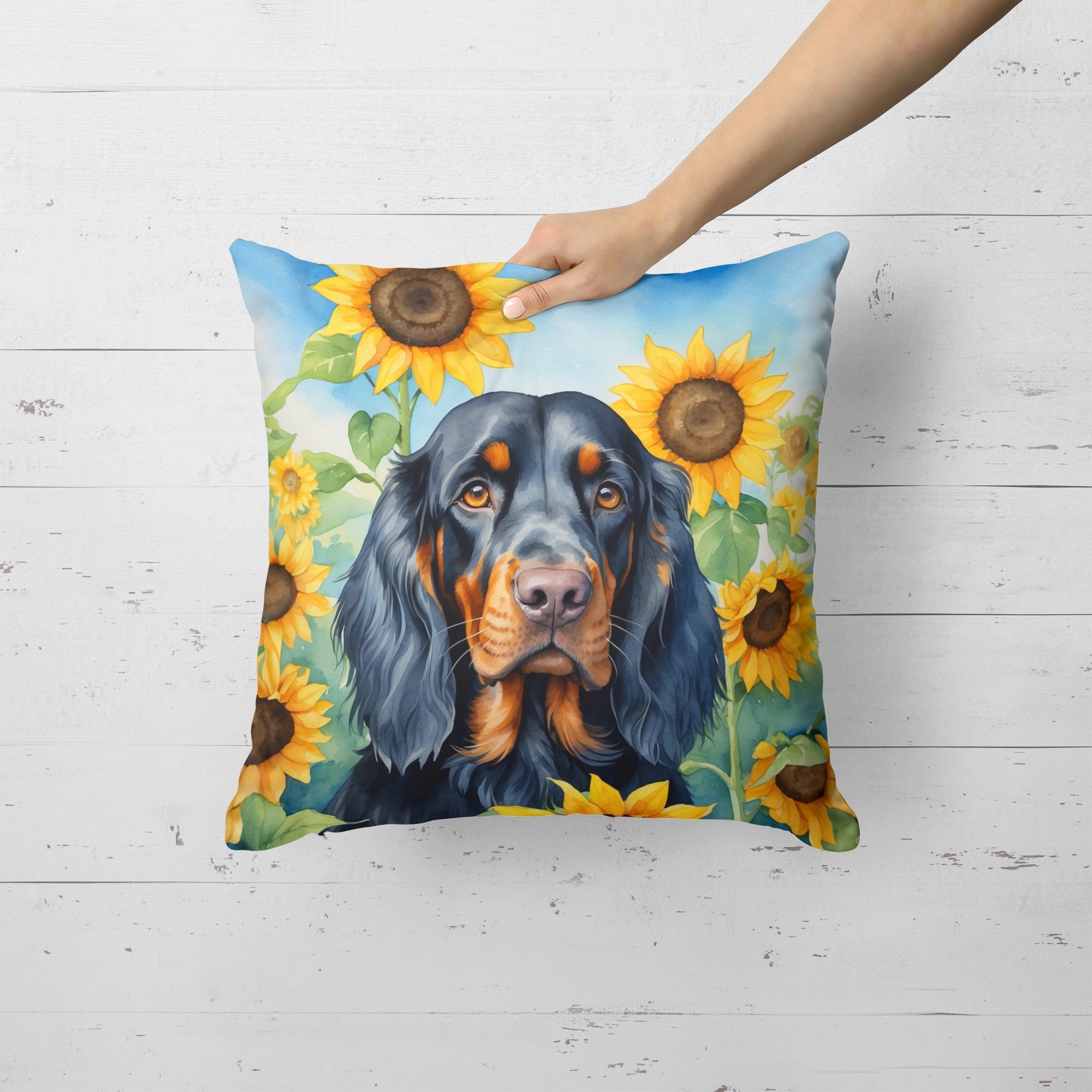 Gordon Setter in Sunflowers Decorative Throw Pillow 18x18 Indoor Outdoor Accent Cushion, Fabric Cover with Insert for Sofa, Bed, Porch & Living Room
