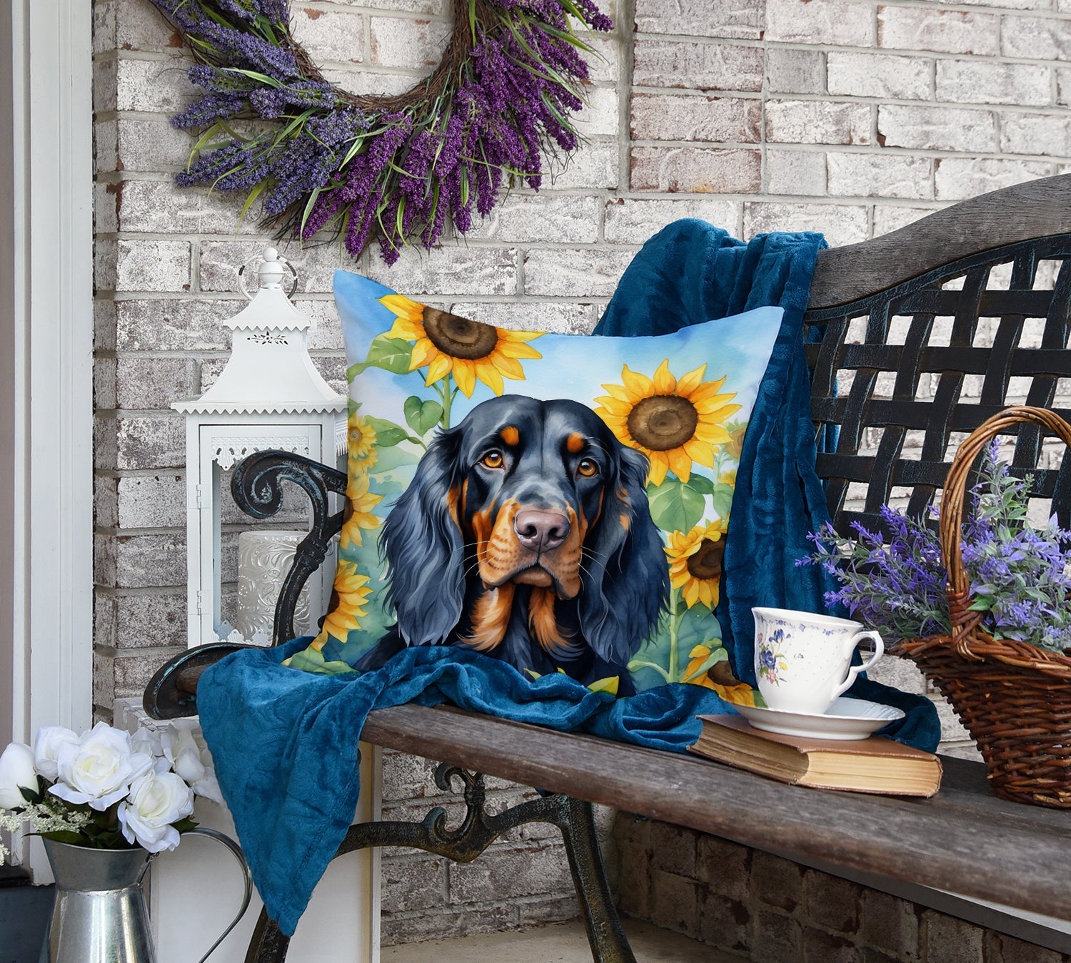 Gordon Setter in Sunflowers Decorative Throw Pillow 18x18 Indoor Outdoor Accent Cushion, Fabric Cover with Insert for Sofa, Bed, Porch & Living Room