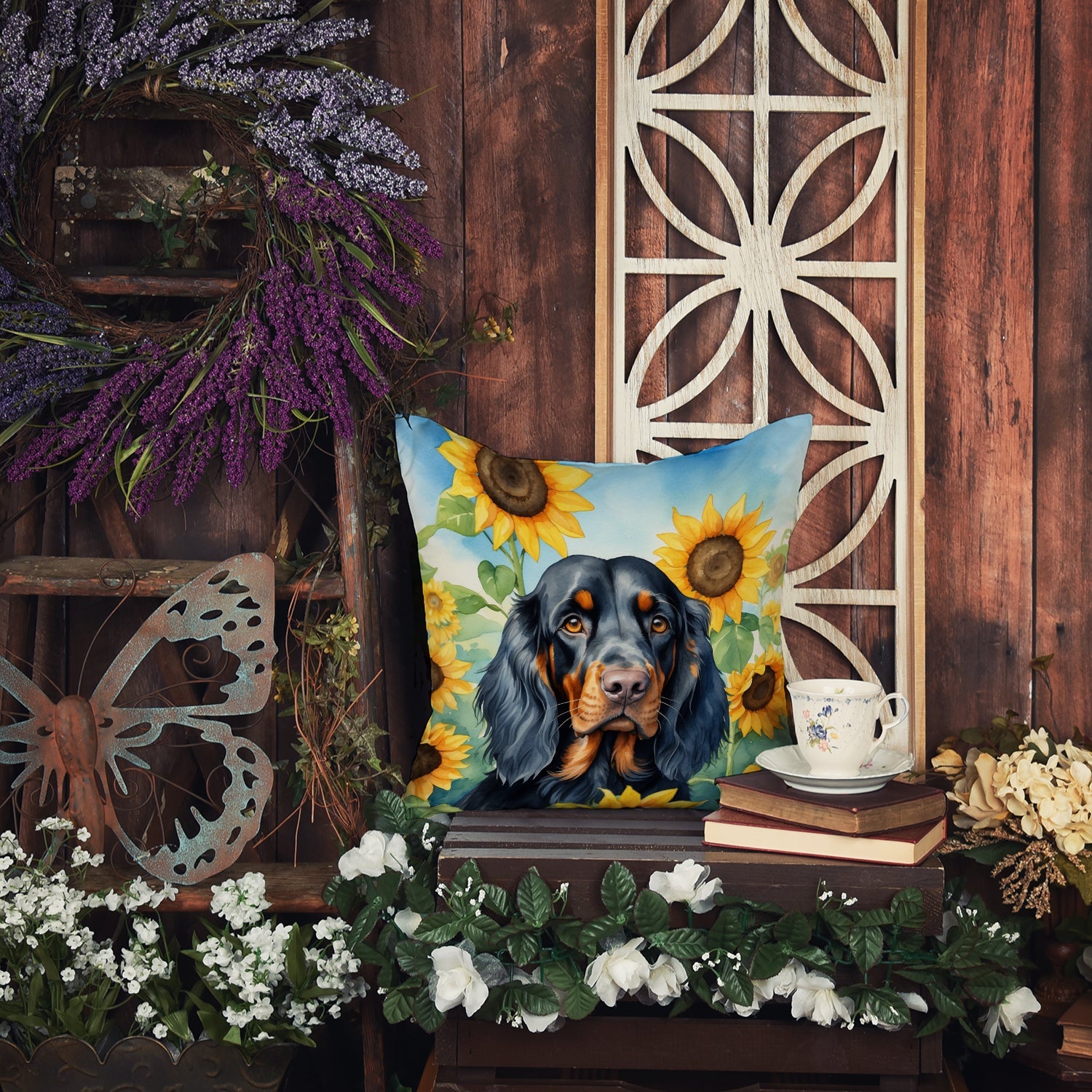 Gordon Setter in Sunflowers Decorative Throw Pillow 18x18 Indoor Outdoor Accent Cushion, Fabric Cover with Insert for Sofa, Bed, Porch & Living Room