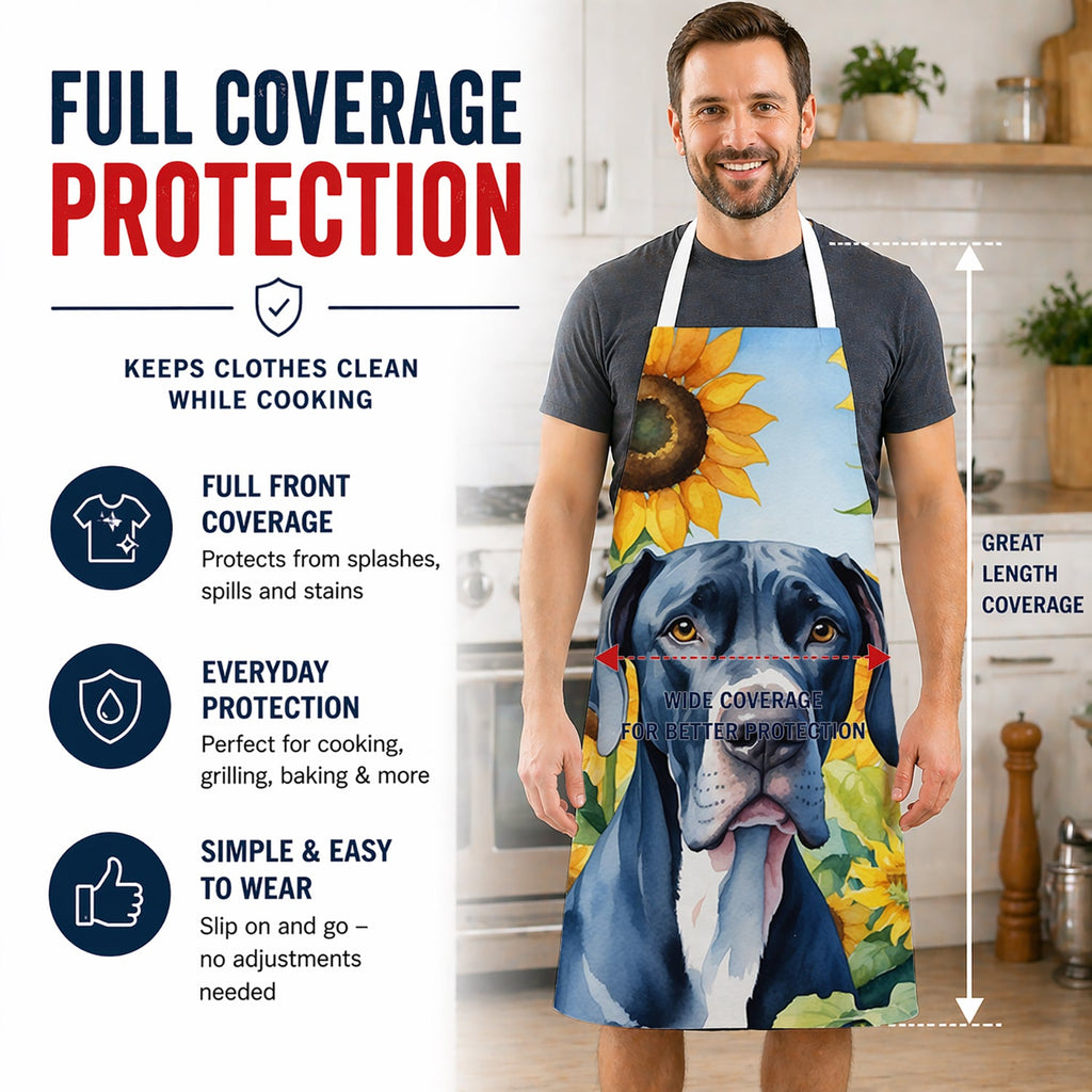 Great Dane in Sunflowers Apron Cooking Kitchen Server Baking Crafts Gardening for Adult Women Men, Unisex, Large, Multicolor