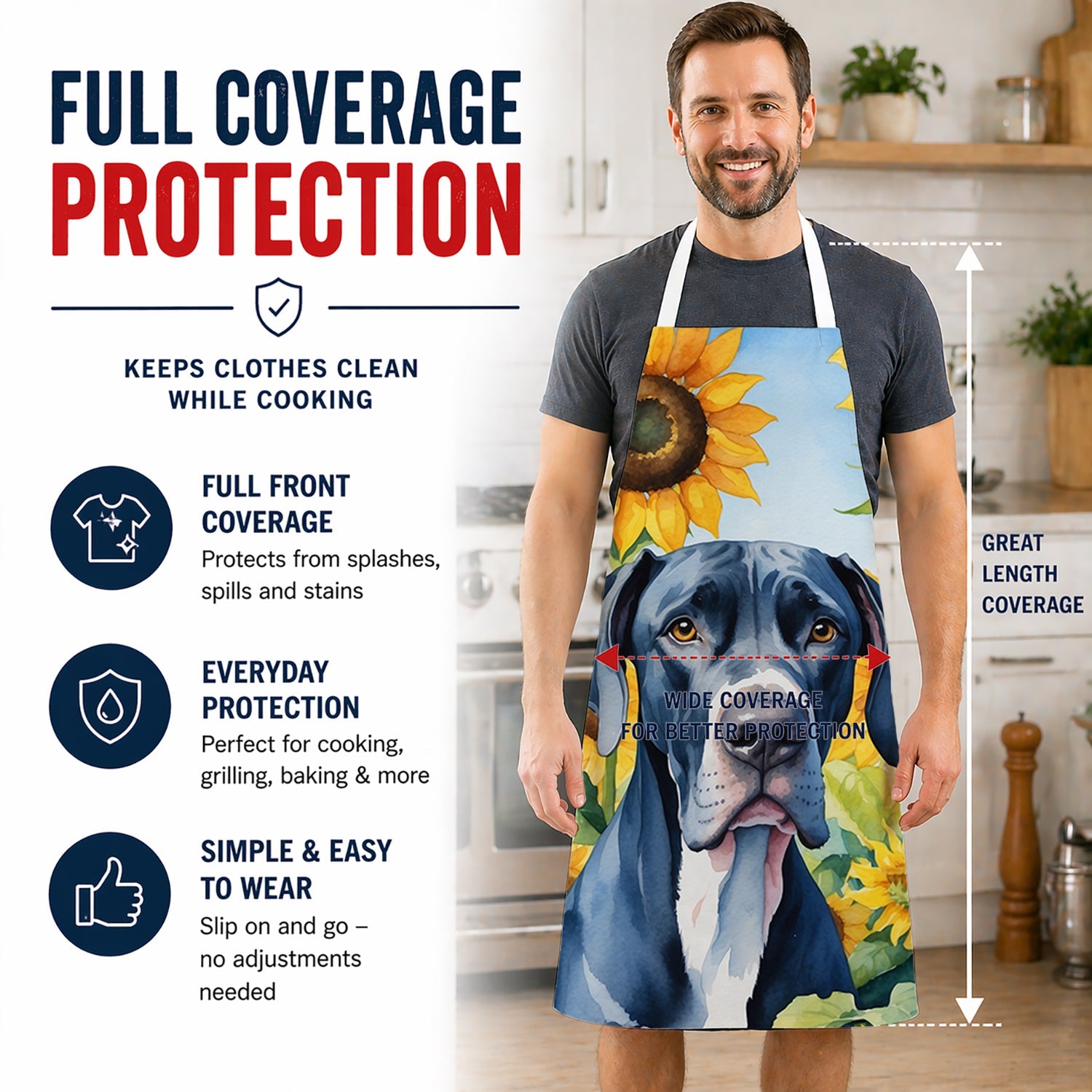 Great Dane in Sunflowers Apron Cooking Kitchen Server Baking Crafts Gardening for Adult Women Men, Unisex, Large, Multicolor