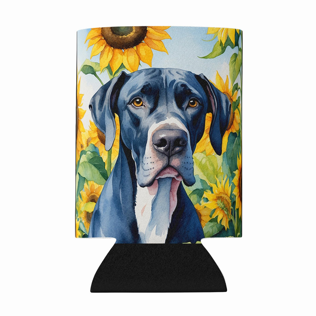 Great Dane in Sunflowers Can or Bottle Hugger Cooler Sleeve for Standard 12 oz Cans, Insulated Foam Beer & Soda Can Hugger Reusable