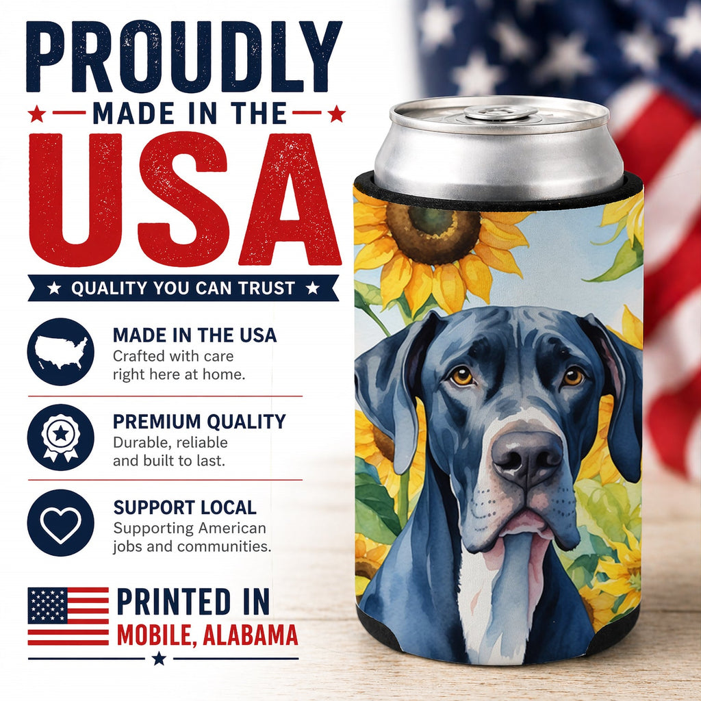 Great Dane in Sunflowers Can or Bottle Hugger Cooler Sleeve for Standard 12 oz Cans, Insulated Foam Beer & Soda Can Hugger Reusable