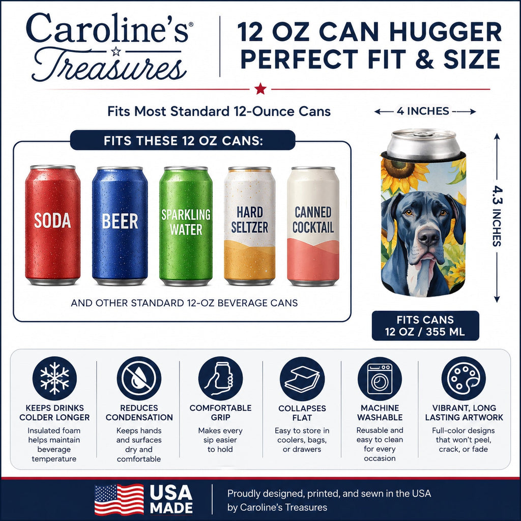 Great Dane in Sunflowers Can or Bottle Hugger Cooler Sleeve for Standard 12 oz Cans, Insulated Foam Beer & Soda Can Hugger Reusable