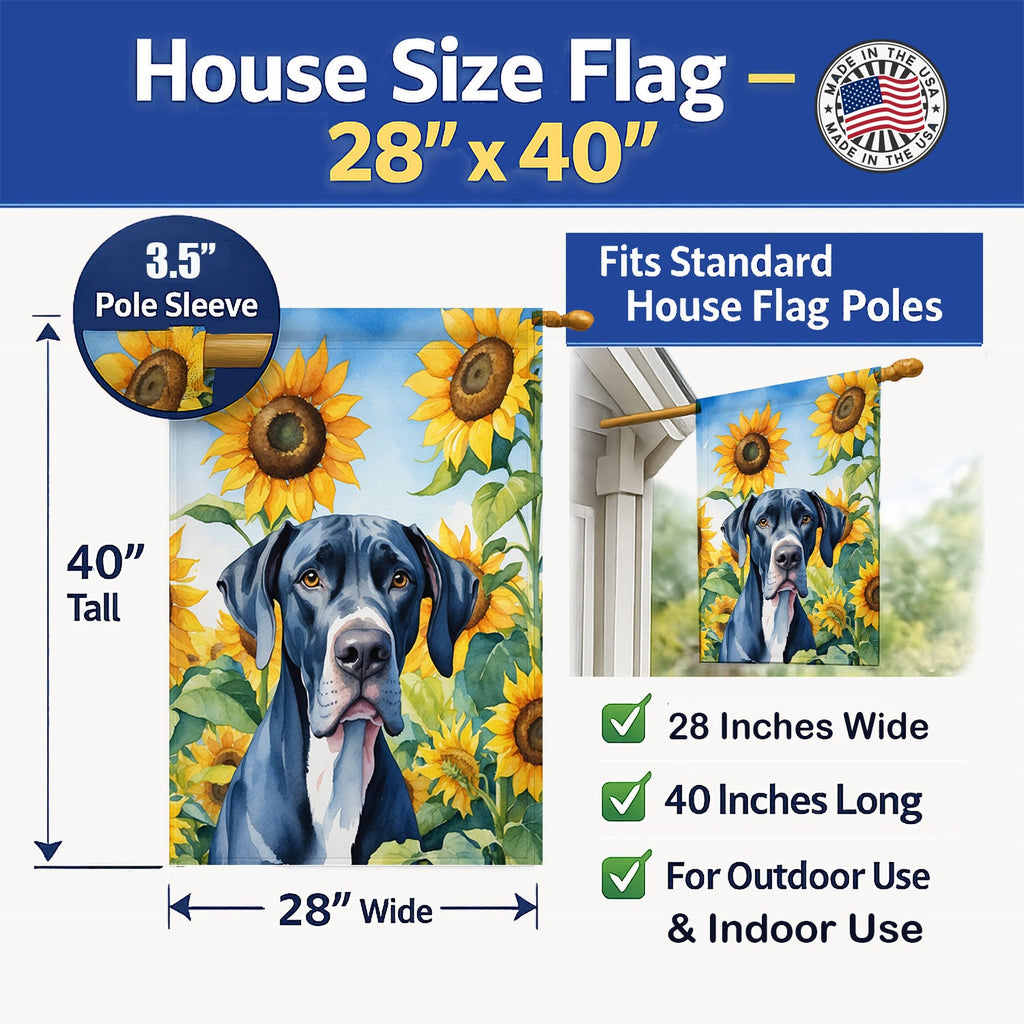 Great Dane in Sunflowers House Flag 28x40 Porch Sleeve Pole Decorative Outside Yard Banner Artwork Wall Hanging, Polyester