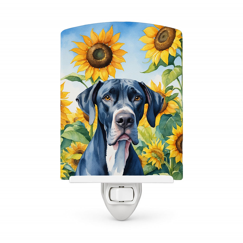 Great Dane in Sunflowers Ceramic Night Light Compact, UL-Certified, Ideal for Bedroom, Bathroom, Nursery, Hallway, Kitchen, 6x4x3, Multicolor