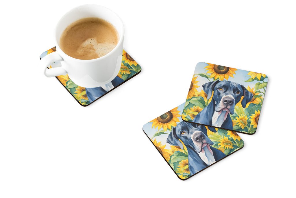 Great Dane in Sunflowers Foam Coasters Set of 4 Cup Coasters for Indoor Outdoor, Tabletop Protection, Anti Slip, Mouse pad Material