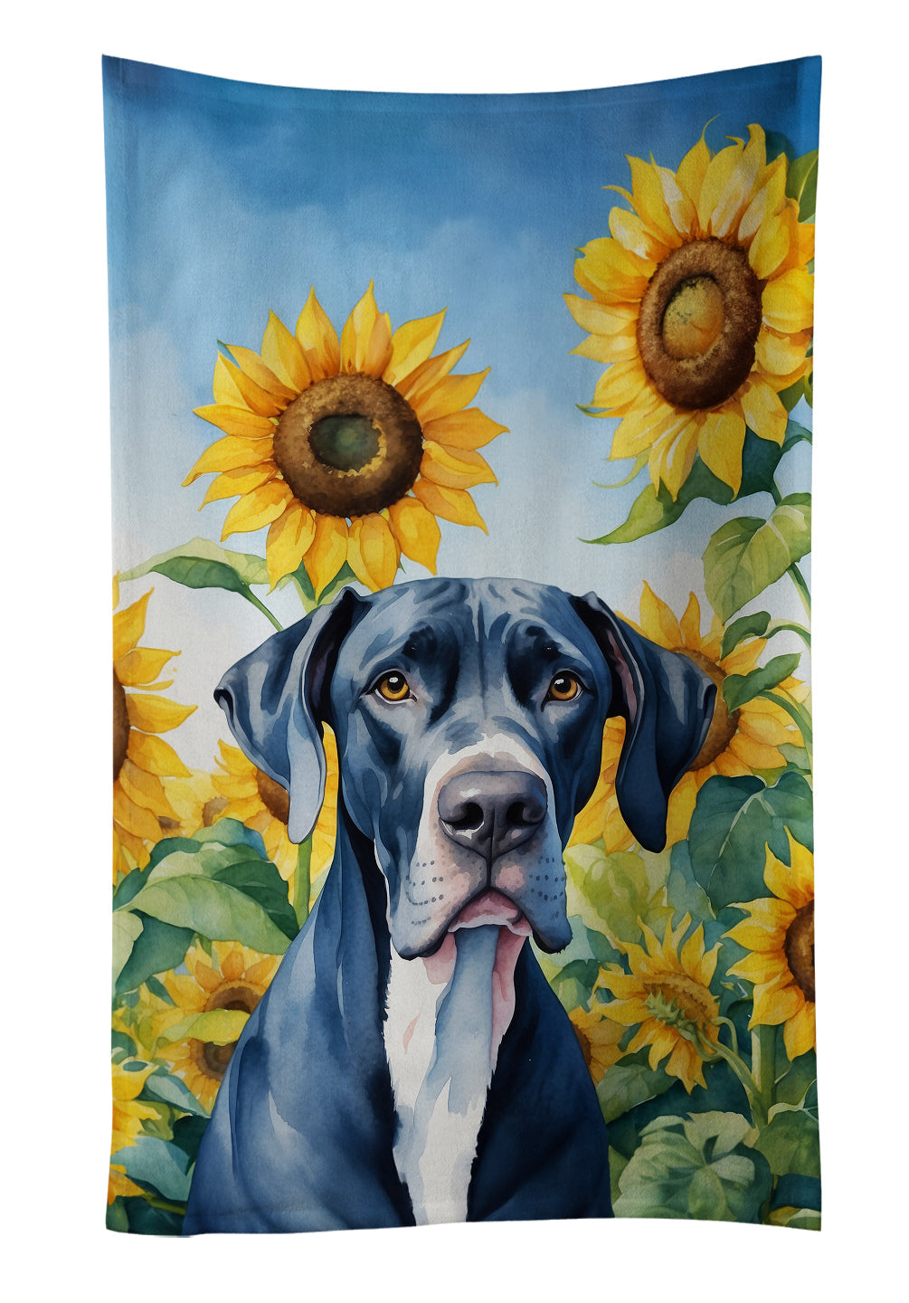 Great Dane in Sunflowers Kitchen Towel Velour Plush Front and Cotton Loop Back Machine Washable