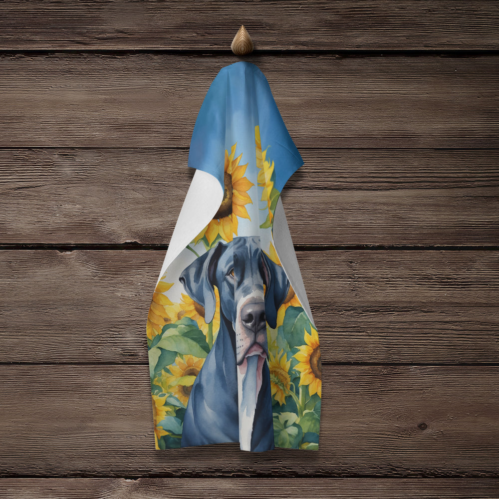 Great Dane in Sunflowers Kitchen Towel Velour Plush Front and Cotton Loop Back Machine Washable
