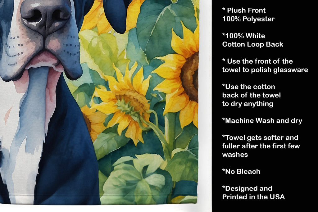 Great Dane in Sunflowers Kitchen Towel Velour Plush Front and Cotton Loop Back Machine Washable