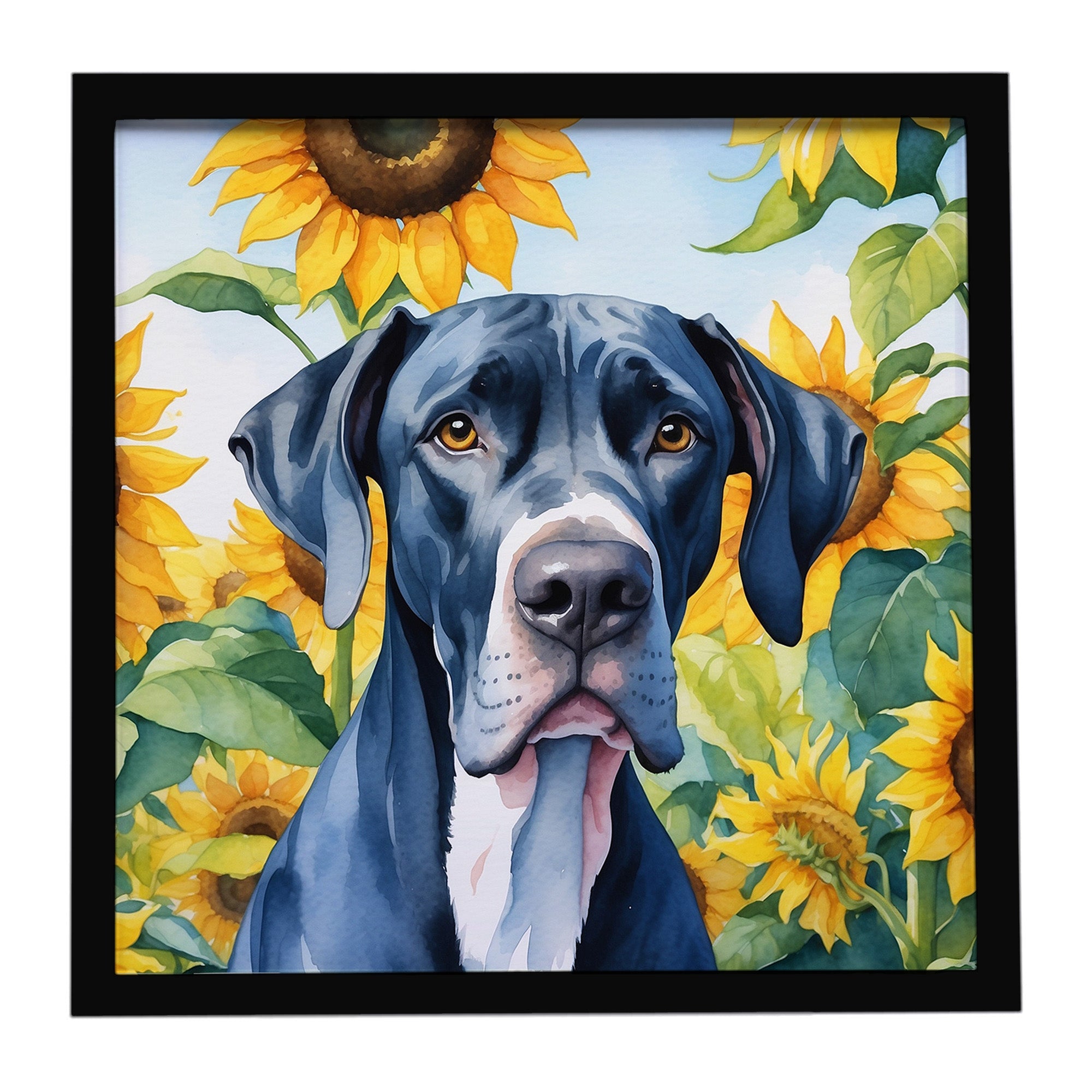 Great Dane in Sunflowers Framed Metal Print Bathroom, Kitchen, Office, Home Decor Wall Art Ready to Hang, Square, 8X8