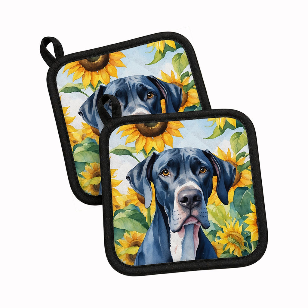 Great Dane in Sunflowers Pot Holder Set of 2 Heat Resistant Quilted Hot Pads 7.5 x 7.5 Inch, Insulated Kitchen Trivets for Cooking & Baking