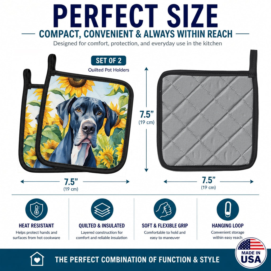 Great Dane in Sunflowers Pot Holder Set of 2 Heat Resistant Quilted Hot Pads 7.5 x 7.5 Inch, Insulated Kitchen Trivets for Cooking & Baking