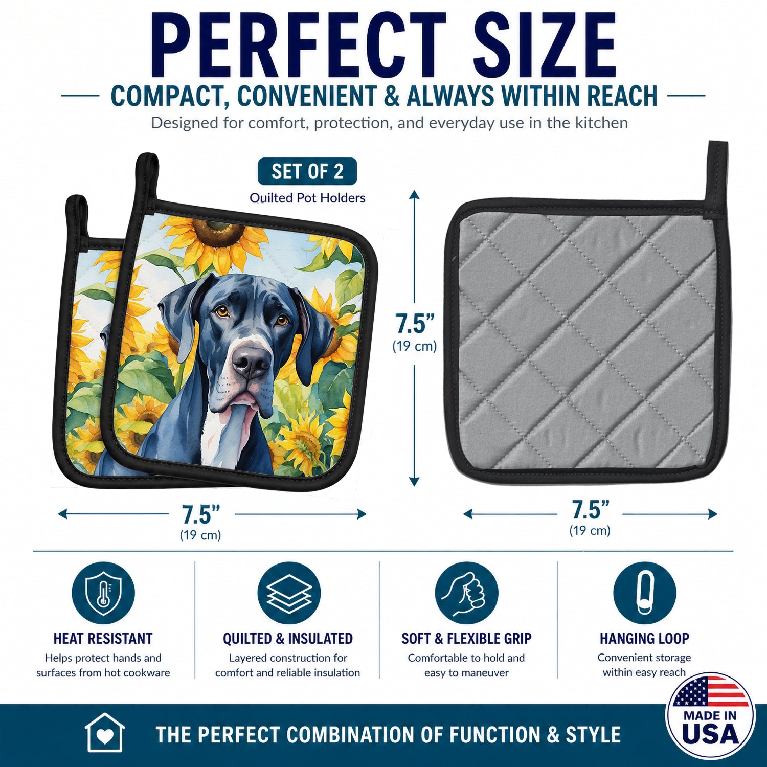 Great Dane in Sunflowers Pot Holder Set of 2 Heat Resistant Quilted Hot Pads 7.5 x 7.5 Inch, Insulated Kitchen Trivets for Cooking & Baking