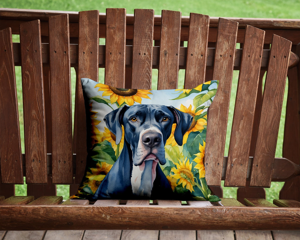 Great Dane in Sunflowers Decorative Throw Pillow 14x14 Indoor Outdoor Accent Cushion, Fabric Cover with Insert for Sofa, Bed, Porch & Living Room