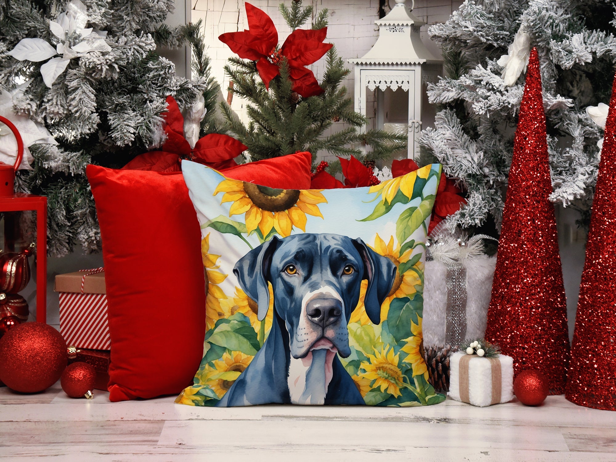 Great Dane in Sunflowers Decorative Throw Pillow 14x14 Indoor Outdoor Accent Cushion, Fabric Cover with Insert for Sofa, Bed, Porch & Living Room