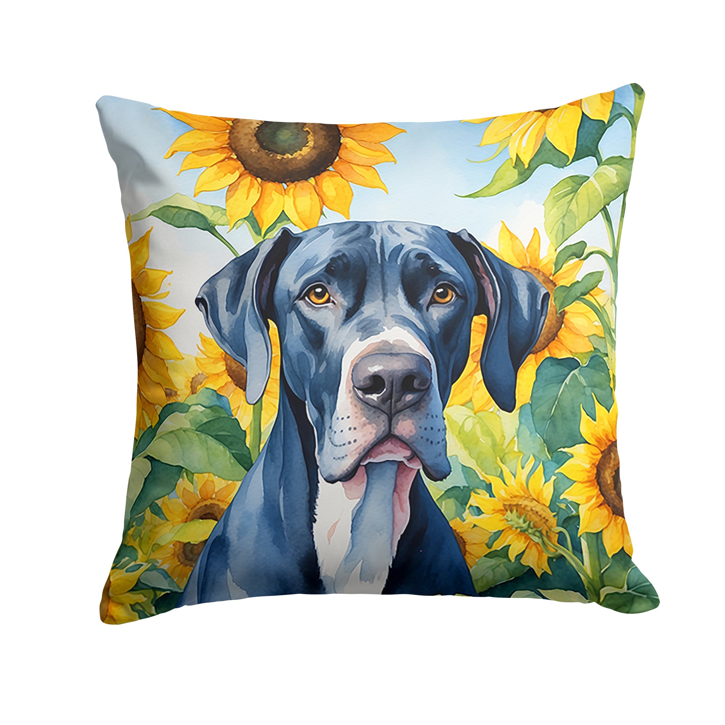 Great Dane in Sunflowers Decorative Throw Pillow 18x18 Indoor Outdoor Accent Cushion, Fabric Cover with Insert for Sofa, Bed, Porch & Living Room